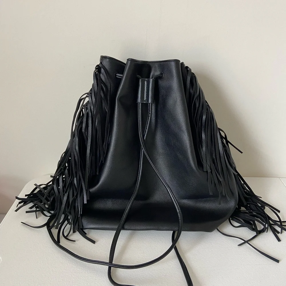 NEW Victoria’s Secret faux‎ leather black fringe tassel backpack purse bag
